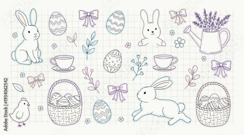 Easter themed illustrations including bunnies eggs flowers and bows on white background