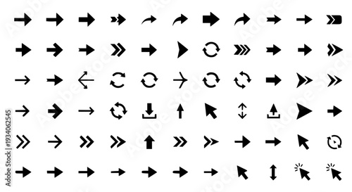 Arrows collection set with various directions and black styles featuring arrowheads, navigation, pointers with cursors
