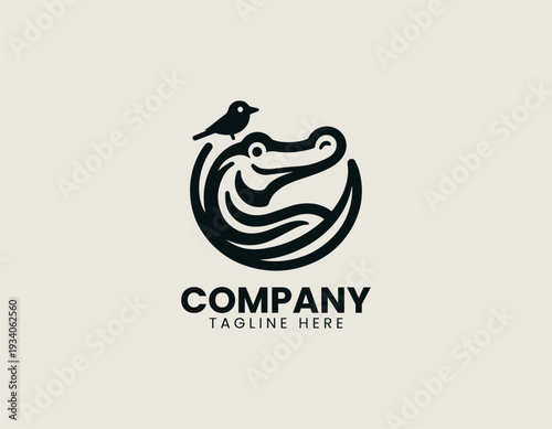 Crocodile with small bird companion in nature emblem style is presented as bold monochrome vector logo on clean white background