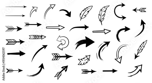 Arrows hand drawn set with black curved lines and feathered tips featuring direction, navigation, pointer with symbol