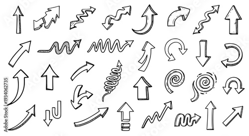 Arrows hand drawn set with varied styles and directions, sketched outlines on white. featuring sketch, doodle,