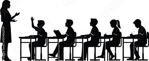 Black silhouette illustration of classroom scene with teacher explaining to students, one raising hand, others reading and writing, symbolizing education, learning, teaching, academic concept