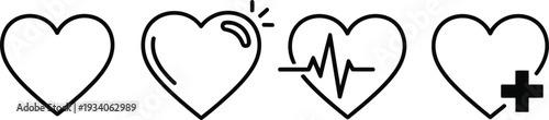 Set of heart icons depicting different states of health and emotion, including heartbeat and medical cross