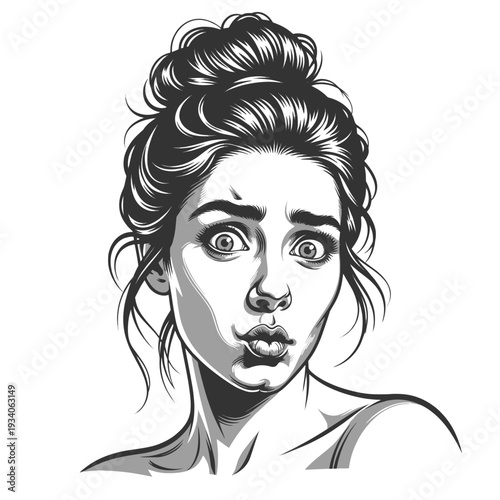 surprised young woman with wide eyes and expressive face sketch engraving generative ai fictional character vector illustration. Scratch board imitation. Black and white image.