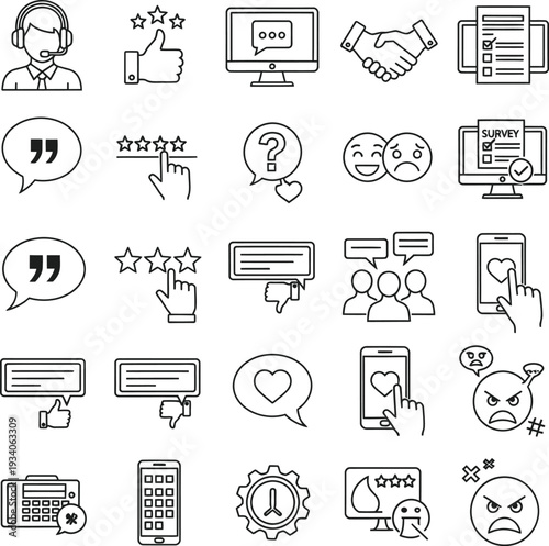 Customer feedback and social media interaction icons displaying review ratings chat bubbles likes dislikes and communication tools