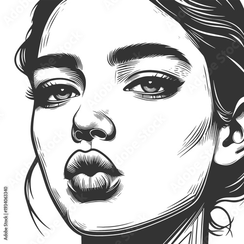 beautiful young woman blowing a kiss sketch engraving generative ai fictional character vector illustration. Scratch board imitation. Black and white image.