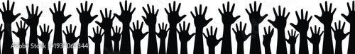 Black silhouette of many raised human hands in a horizontal row for community support, voting, protest, group celebration, volunteer work, and collective teamwork vector.