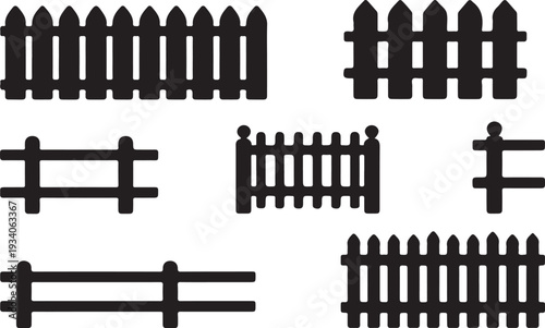 Black fence silhouettes on white background picket fence