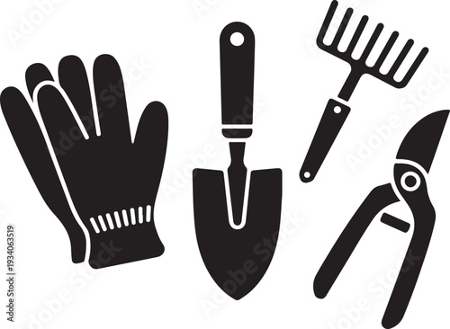 Black gardening tools and glove on white background