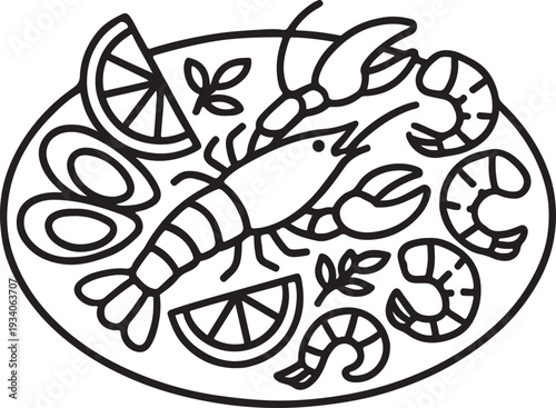 Line art seafood platter with shrimp and lemons