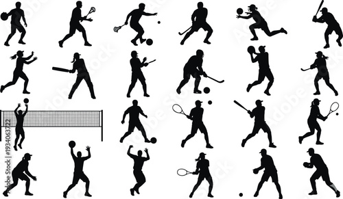 Black silhouettes of athletes performing diverse sports activities including basketball, soccer, baseball, cricket, tennis, volleyball, lacrosse, symbolizing competition, fitness, teamwork, dynamic 