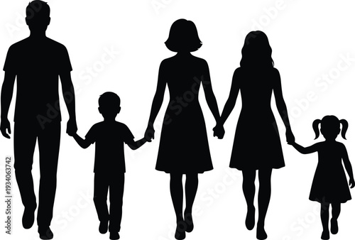 Happy family walking silhouette parents and children holding hands together people love relationship black vector illustration isolated