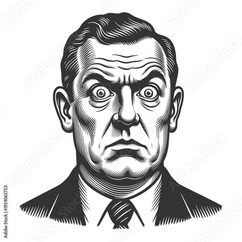 surprised businessman with wide eyes and dramatic expression, designed in classic engraving style sketch engraving generative ai fictional character vector illustration. Scratch board. Black and white