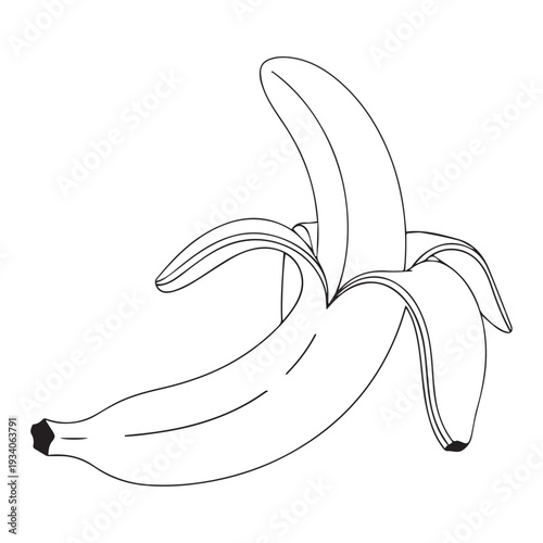 Simple line drawing of a peeled banana in a bunch, colorful contrast and minimalistic style.