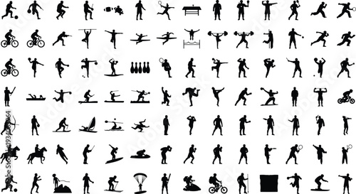 Black silhouettes of athletes performing diverse sports activities including soccer, basketball, cycling, swimming, boxing, tennis, skiing, surfing, archery, gymnastics, symbolizing fitness