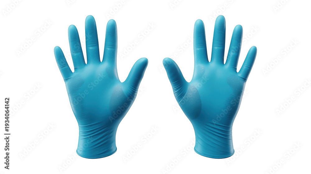 Obraz premium Blue rubber gloves in protective gesture with bright studio lighting on white background for medical or cleaning use