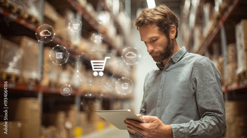 Man using tablet in warehouse with e-commerce icons and stacked cardboard boxes