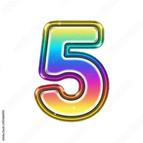Vibrant iridescent number five, shimmering with a rainbow gradient effect, presenting a glossy and futuristic numeric digit for diverse creative projects