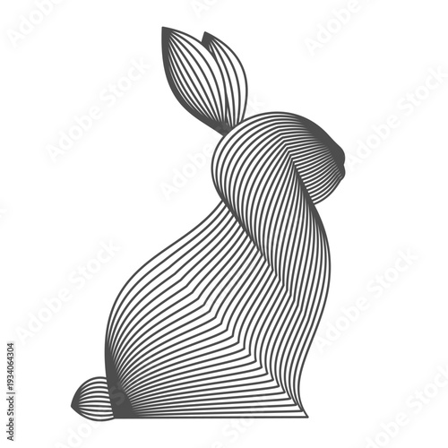 Bunny silhouette line art, wireframe. Elegant striped bunny. Abstract rabbit created from flowing parallel lines. Modern graphic design element. Easter. Environment and nature. Vector Illustration.