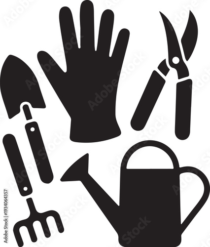 Black silhouette gardening tools and glove trowel pruners