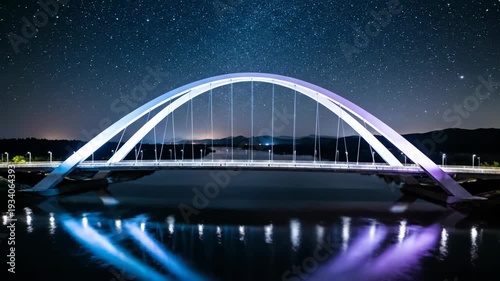 Illuminated bridge reflected in river water under the starry night sky landscape.