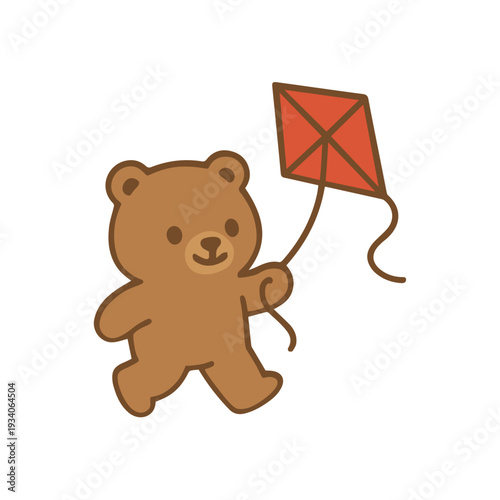 Cute Brown Bear Flying a Red Kite Cartoon Illustration