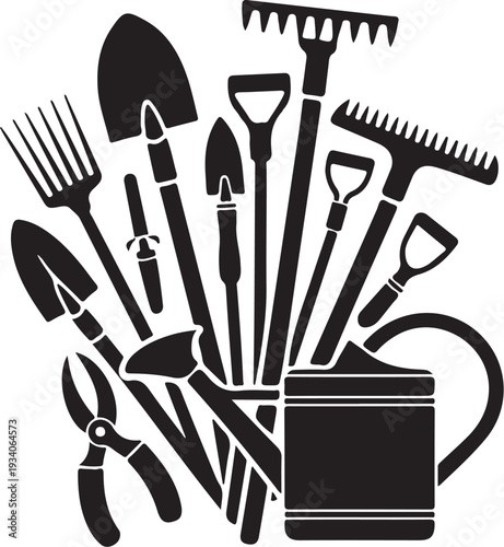 Black silhouette gardening tools and watering can silhouettes
