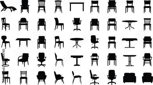 Collection of chair and table silhouettes featuring modern, office and classic furniture designs, minimalist black vector icon set isolated on white background