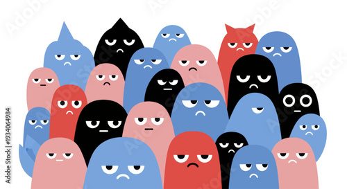 A large group of diverse cartoon monsters with sad expressions.