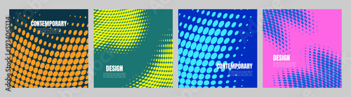 Vector illustration. Halftone colored dotted background set. Design for social media, advertisement, web banner, blod post, marketing, sale. Vibrant, faded dots. Retro geometric banners collection.