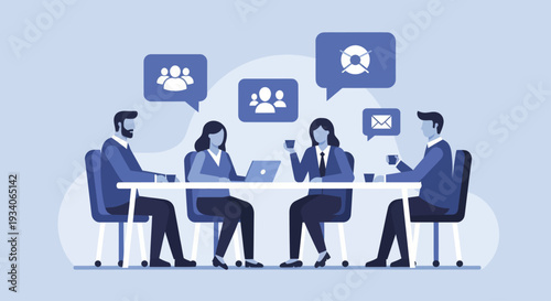 Business meeting with four professionals discussing ideas around a table.