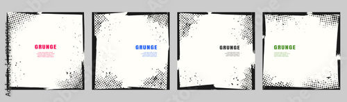 Vector illustration. Grunge border set with distressed halftone dots and ink splatters. Black paint brush stroke frame with splashes. Design elements for web banner, social media template, blog post