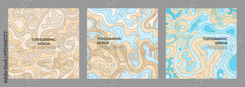 Vector illustration. Topographic design set with organic contour lines and fluid shapes. Earth tone colors with a grid texture. Geographical design elements for social media template, web banner