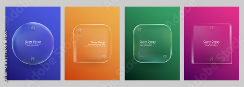 Vector illustration. Glassmorphism posters set. Quote frames blank template. Citation empty speech bubbles. Color background. Simple shapes. Design for brochure, magazine, cover, flyer, layout, ads