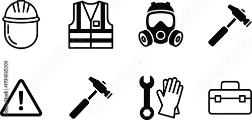 Construction Safety and Work Tools Icon Set, Black Line Industrial Equipment Symbols Including Helmet, Vest, Mask, Hammer and Toolbox Isolated on Light Background