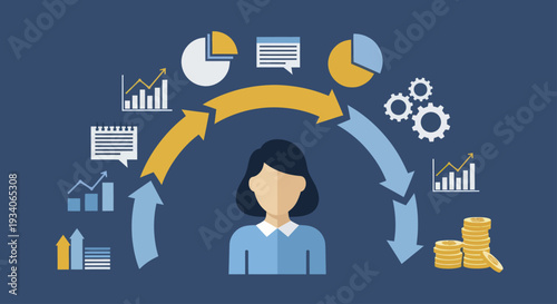 Businesswoman managing data and financial analytics for company growth.