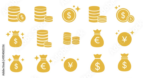 Collection of Golden Coins and Money Bags with Various Currency Symbols.