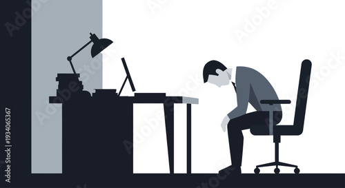 Depressed businessman sitting at desk feeling overwhelmed by work stress.