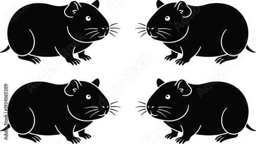 Cute guinea pig silhouette vector set featuring domestic rodents in various positions for pet shop branding, animal care concepts, and adorable nature themed illustrations.