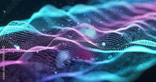 Neon colored waves on digital background.