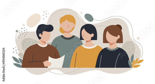 Diverse group of four people standing together in a friendly pose.