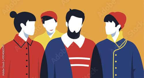 Diverse group of men in colorful attire standing together.