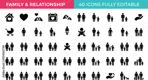 Family and relationship icon set featuring parents, children and love symbols, fully editable black vector collection isolated on white background for social design