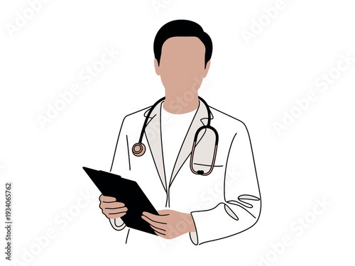 Doctor in white coat holding clipboard with stethoscope around neck, medical professional illustration