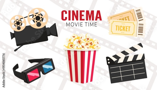 Movie theater icon set: popcorn, movie projector, tickets, 3D glasses, film reel, clapperboard. Cinema time. Vector images. Isolated.