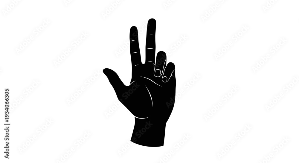 Obraz premium Black silhouette of a human hand showing three fingers up.