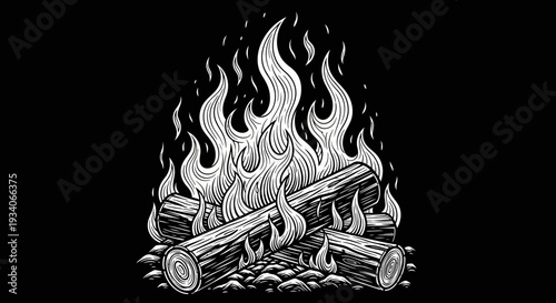 Stylized Illustration of a Campfire Burning Brightly with Logs and Flames.