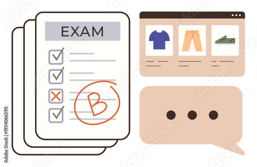 Education, grading, performance reviews, e-commerce, online learning, and communication. Exam paper with grades, online shopping interface and a speech bubble. Education and grading