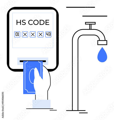 Hand inserting banknote into system labeled HS code with numeric input, accompanied by a faucet releasing water droplet. Ideal for trade, taxation, resource management, aid, economics, policy