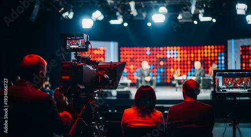 Film crew operating camera and monitoring screens on a television studio set with a colorful LED backdrop and bright stage lights.